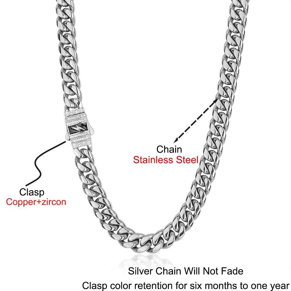 Hip Hop Jewelry 12MM Stainless Steel Cuban Link Necklace Brass Rectangle CZ Iced Out Bling Lightning Clasp For Men Women