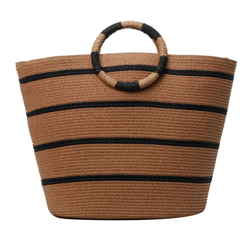 Handmade Beach Bag Circular Handheld Large Capacity New Striped Tote Grass Woven Seaside Vacation Beach Women's Bag Kq2