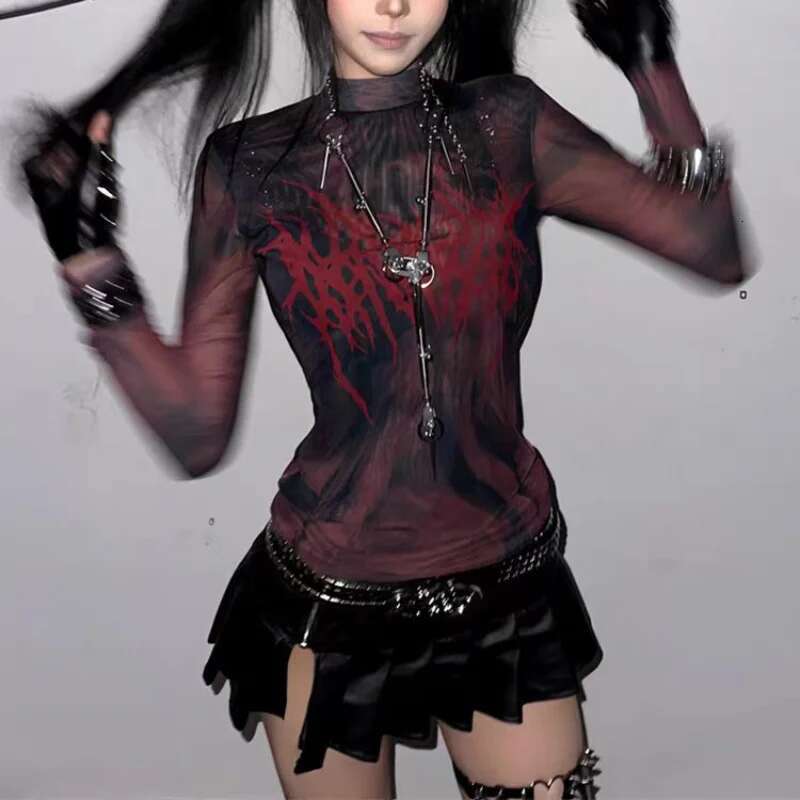 Grunge Aesthetics Print T-shirt Vintage Gothic Red Mesh Streetwear Women Top Y2k Long Sleeve Sheer Tops Punk