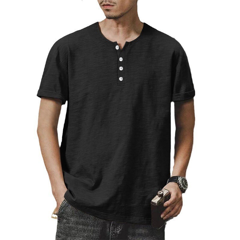 Bamboo cotton summer Henry shirt short sleeved casual American plus size solid color round neck men's T-shirt