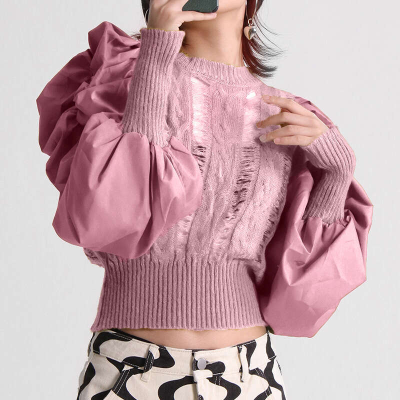 Designer Women's French Court Style Knit Sweater with Round Neck and Bubble Sleeves - Spring 2025 Collection