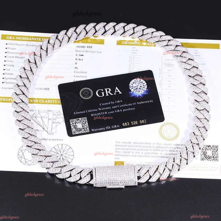 Customized wholesale price s Sterg sliver with GRA vvs Moissanite 15mm 3rows mens jewelry rapper necklace cuban k chain