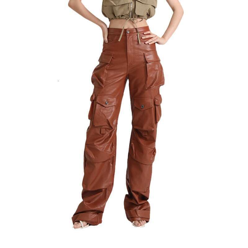 Designer Elegant High-Waist Leather Work Pants for Women Featuring Unique Patchwork Pockets - Chic & Comfortable