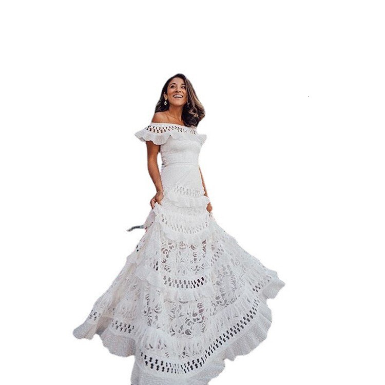 2025 Summer New Womens One Shoulder Lotus Leaf Edge Hollow Out Large Swing Lace Dress Long Skirt