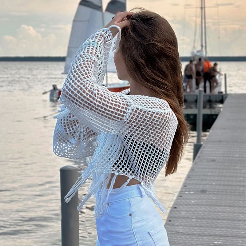Spring and Summer Women's Diamond Check Hollow Fringe Casual Crew Neck Sleeve Loose Sweater Top Summer Outfits For Women Vacation Outfits Women--