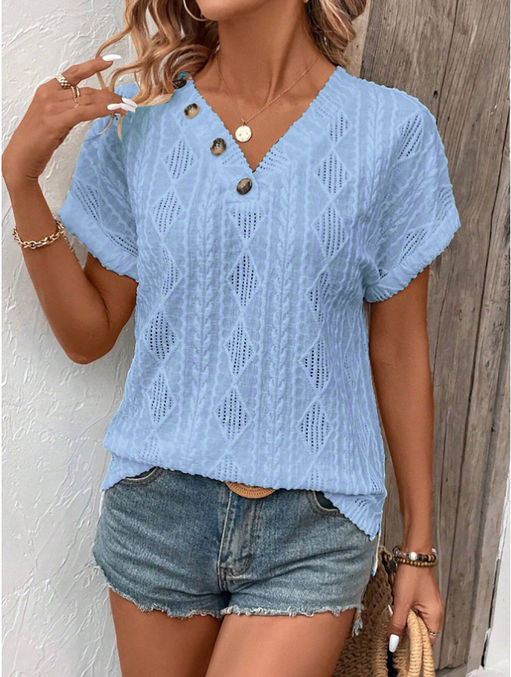 2025 New Women's Spring/Summer Collection V-neck Button Hollow Loose Short Sleeve Top T-shirt