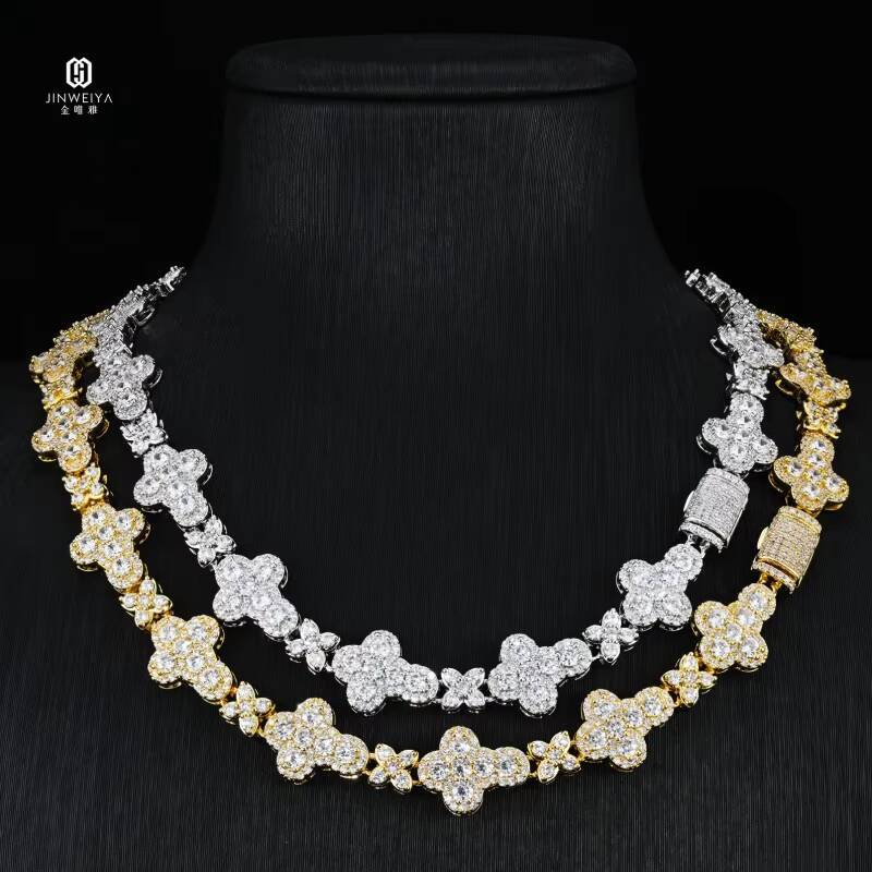 925 Sterling Silver Luxury Fine Jewelry Necklace 10mm Moissanite Cross Link Chain Four Leaf Clover Link Chain