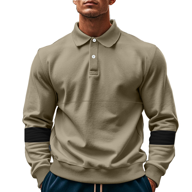 Autumn and winter American style lapel buckle long sleeved polo men's T-shirt loose color blocked oversized base shirt