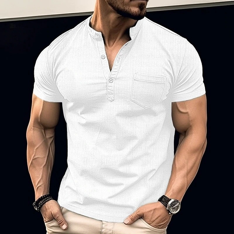 Mens Short Sleeve Henry Shirt T-shirt Top with Pocket Sticker Button Standing Collar Fashion Basic Style