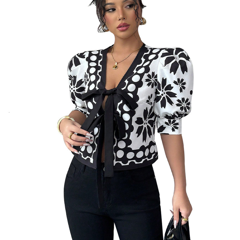 Half sleeve shirt 2025 summer new style French patterned lantern sleeve cardigan womens clothing