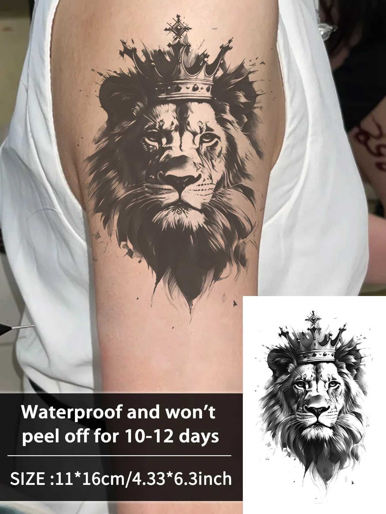 Crown and lion waterproof temporary tattoo stickers lasting 1-2 weeks real semi permanent fake tattoosXJ25414