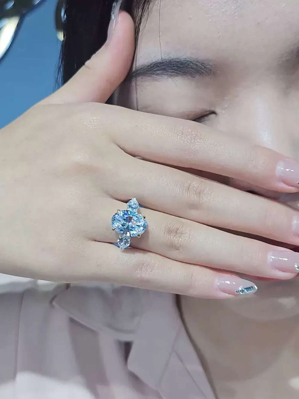 Custom Platinum PT950 Women Ring Moissanite Diamonds Oval Pear Water Drop Party Engagement Anniversary Wedding Ring Trendy