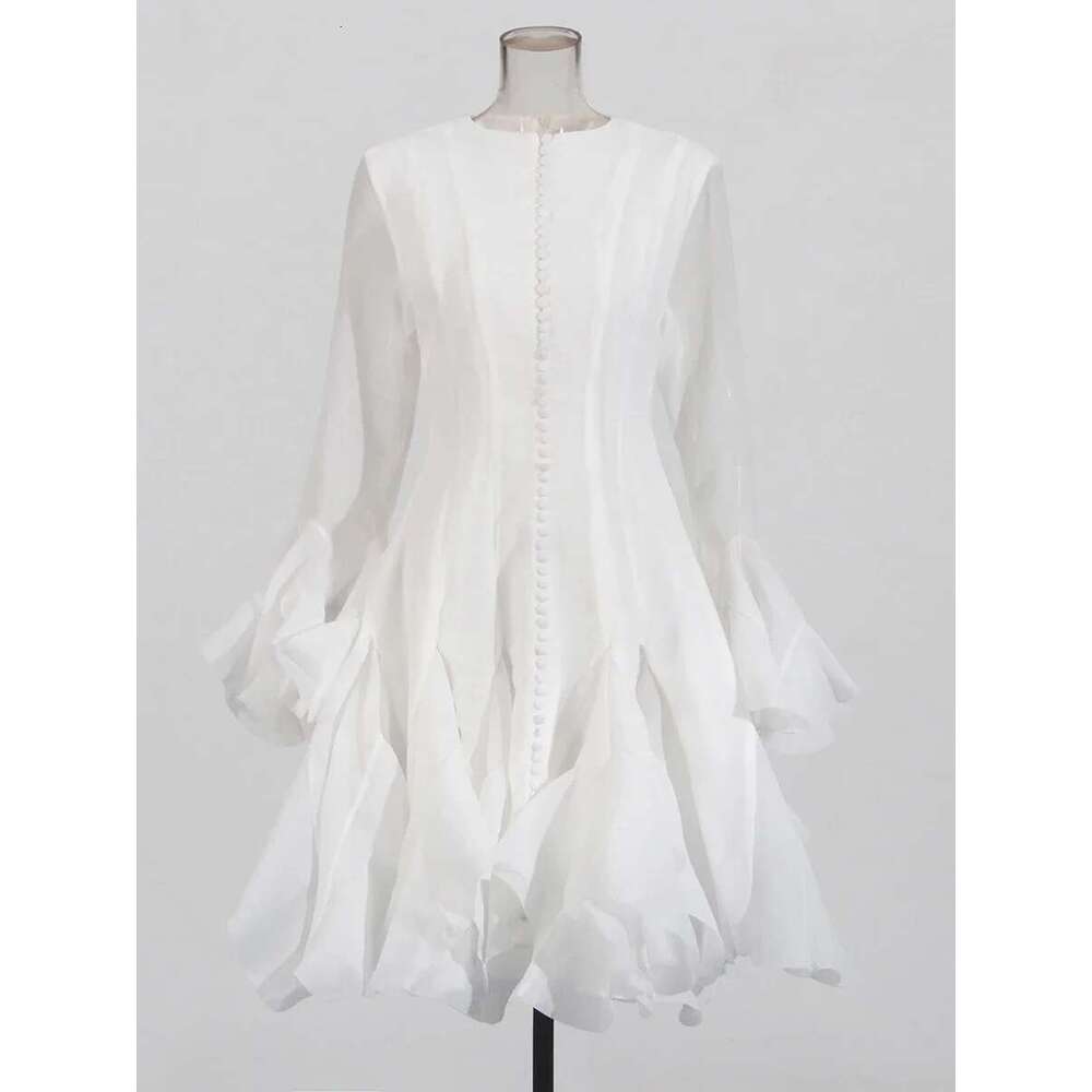 TWOTWINSTYLE Solid Slimming Spliced Folds Dresses For Women Round Neck Long Sleeves Patchwork Buttons Dress Female Clothing New