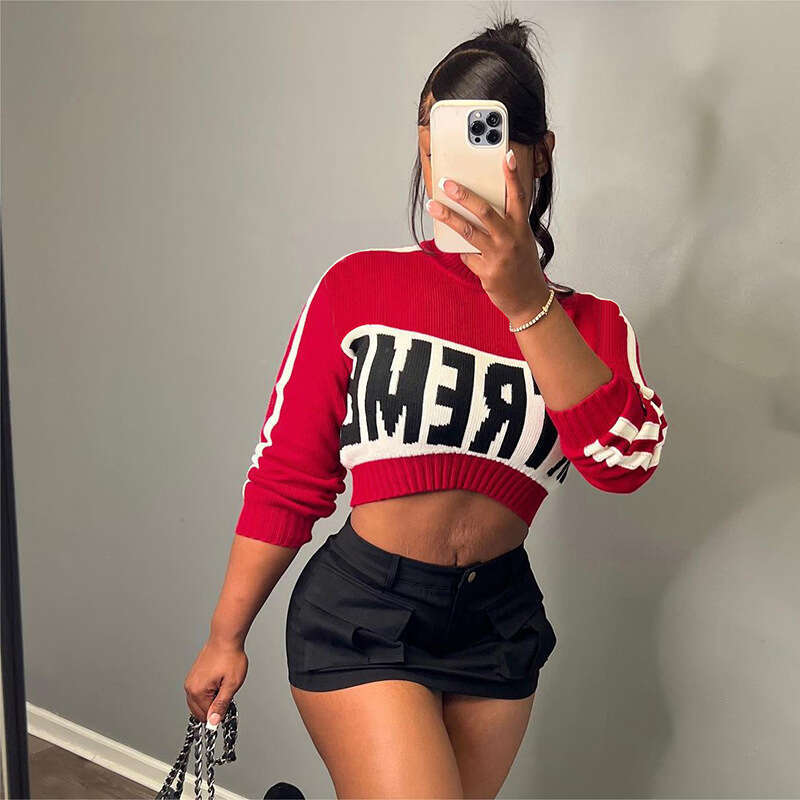 hoodie Women's Wear Women's Spring New Fashion Versatile Trend Knitted Letter Long Sleeved Pullover Slim Fit Open Navel Sweater jacket