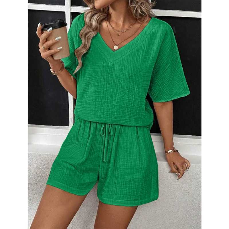 Slin 100% Cotton Ele Womens Set Sexy V-neck Short Sve T-shirt+Womens Wide Leg Shorts SetXJ250414