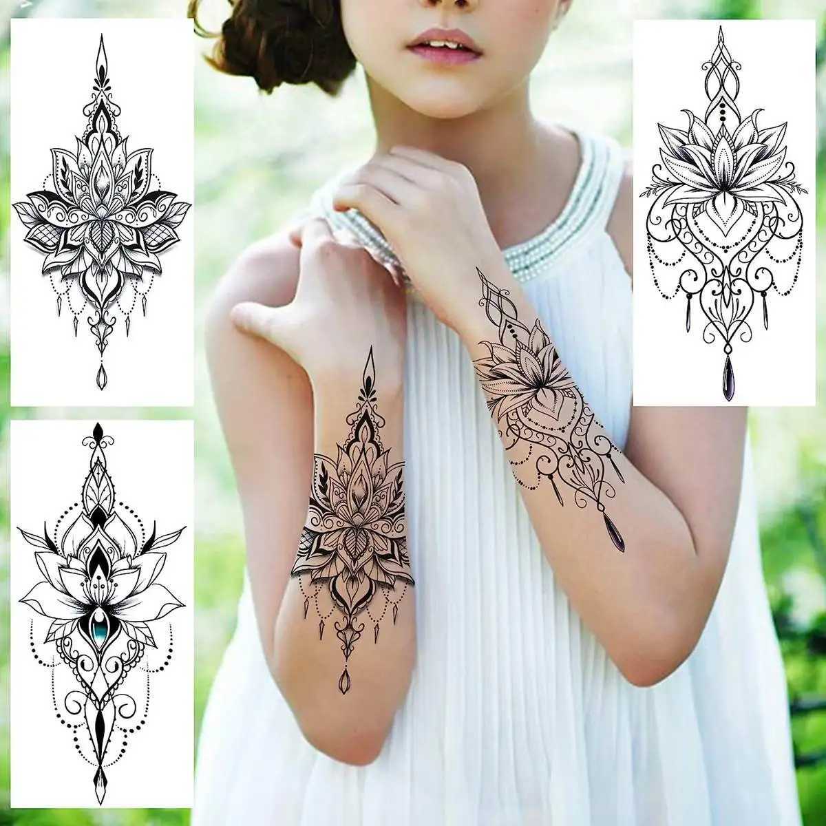 COTAK 10 Black Fingernail Flower Lotus Temporary Tattoo Female Lace Tattoo Stickers Mandala Flower Butterfly Rose Tattoo AdultXJ25414