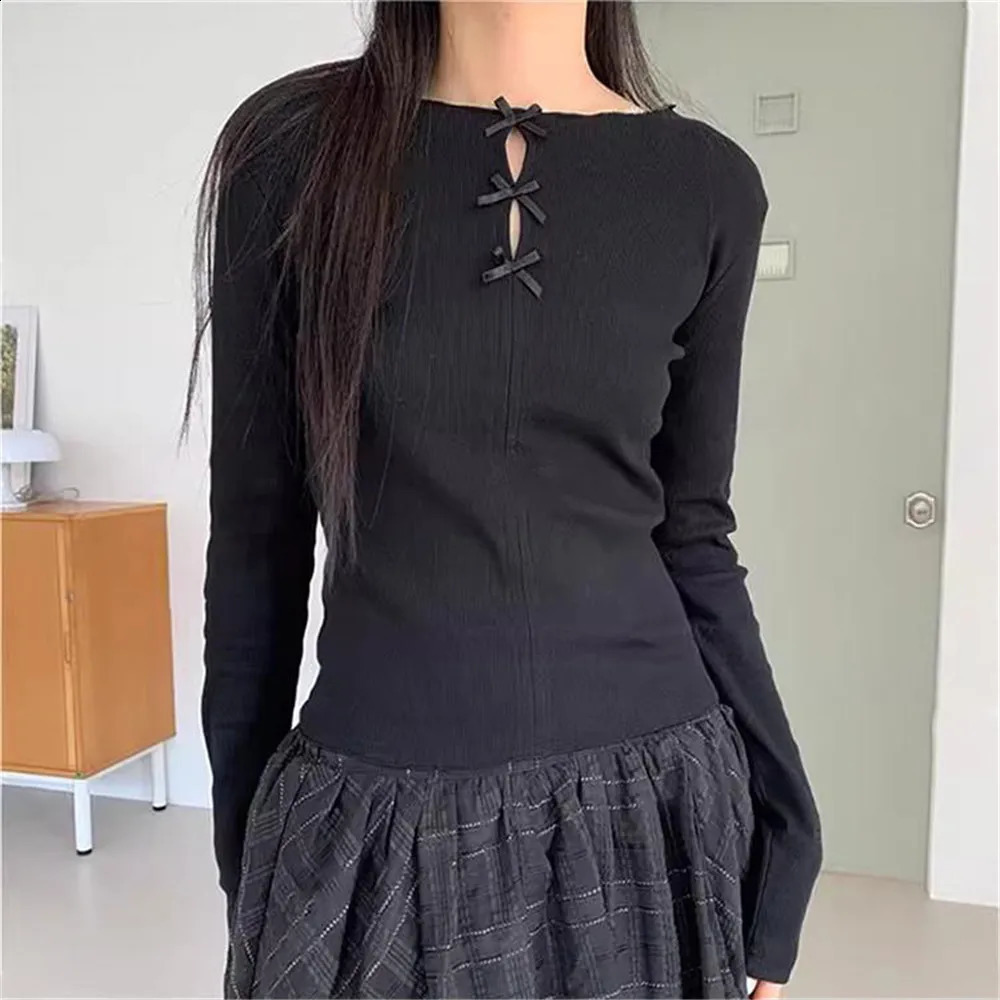 Bow Hollowed Out Sweet T-shirt Summer Slimming Long Sleeved T-shirt Women Blouses Korean Spicy Girl Bottoms Y2k Korean Tops 250411