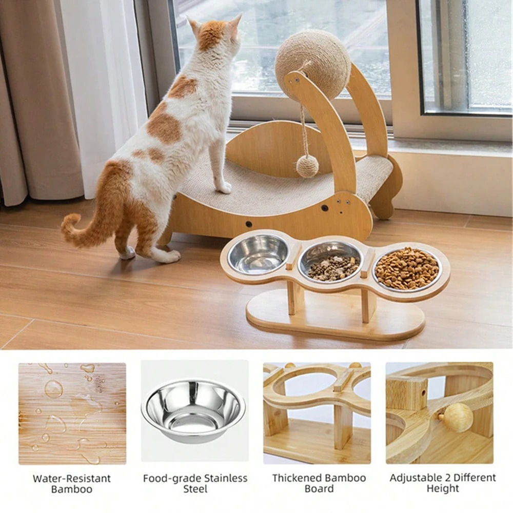 Cat 3-in-1 Feeding and Drinking Products Food Bowl 15 degree Tilt for Puppies 3 Stainless Steel Bowl Wooden Bracket 250414