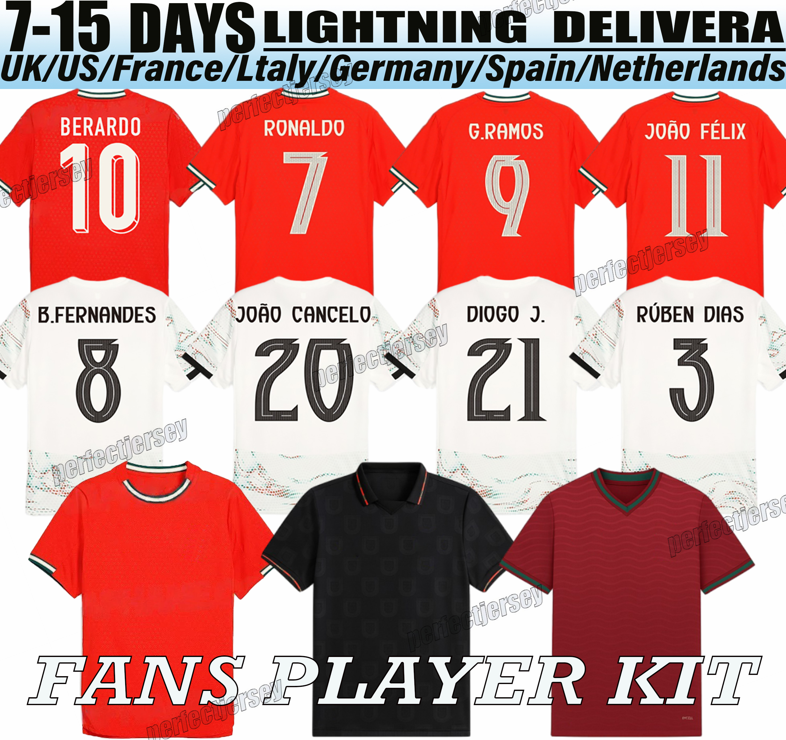 25 26 Portugal Soccer Jerseys RONALDO jersey PEPE BERMARDO B.FERNANDES LEAO Ramos Dias Felix football shirt fans player version Men Kids kit