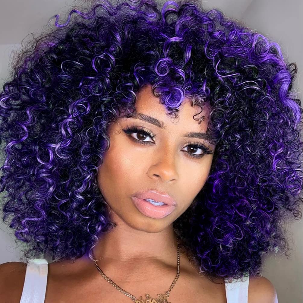 Curly Wigs for Black Women - Afro Curly Wig with Bangs Natural Black Hair Synthetic Heat Resistant Full Wigs with 1 Wig Comb and 4pcs Wig Caps