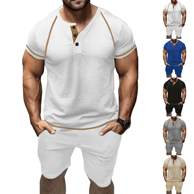 Summer Fashion Casual Slim Fit Wear Henry T-shirt Waffle Sports Shorts Set Men's