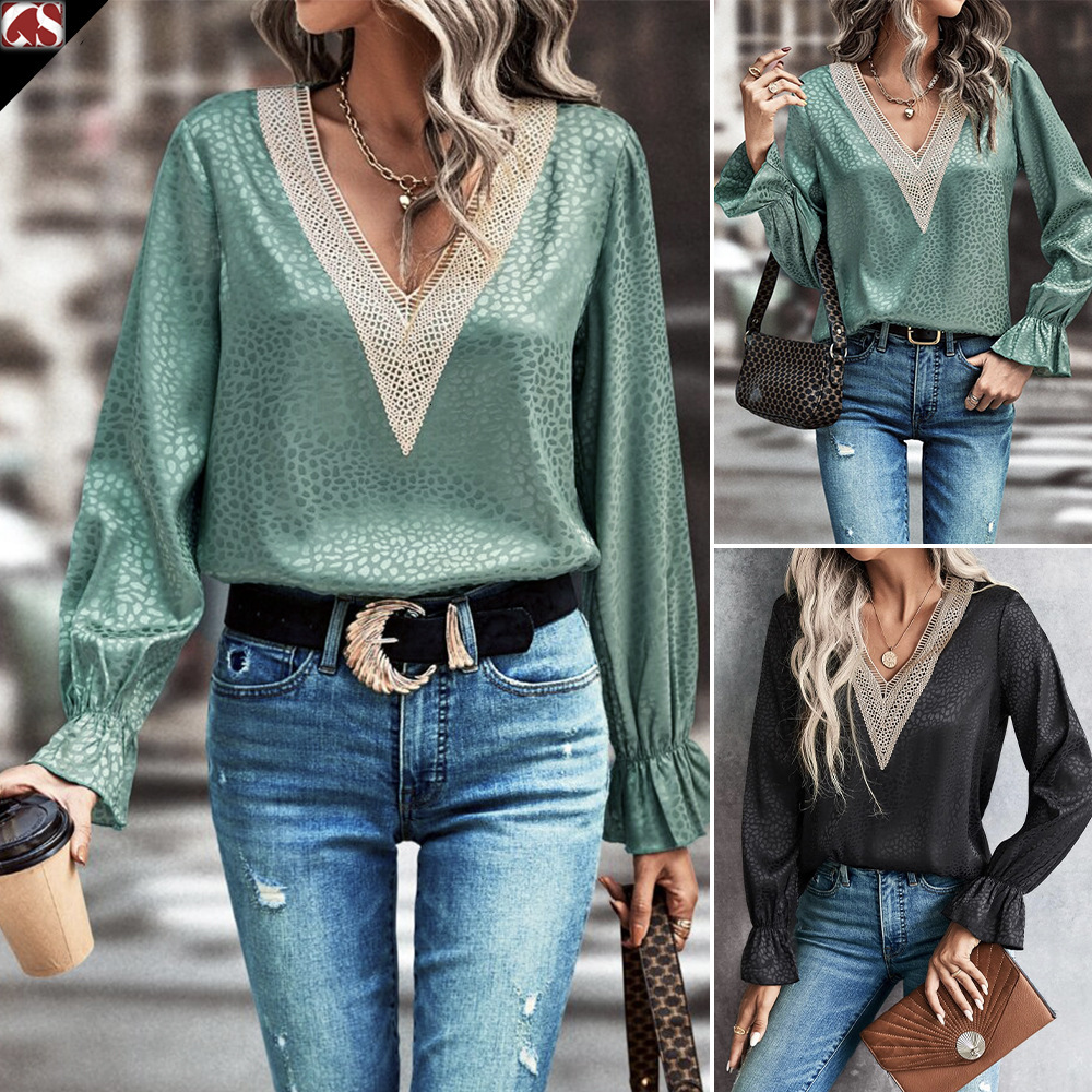 2025 lace V-neck pullover leopard print women's jacquard long sleeved shirt