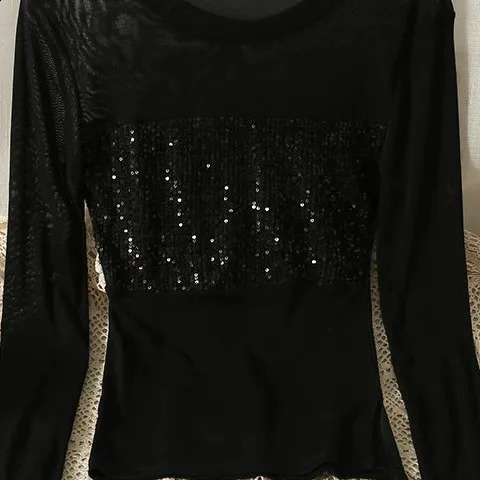 French patchwork mesh long sleeved womens autumn slim fit top 250407