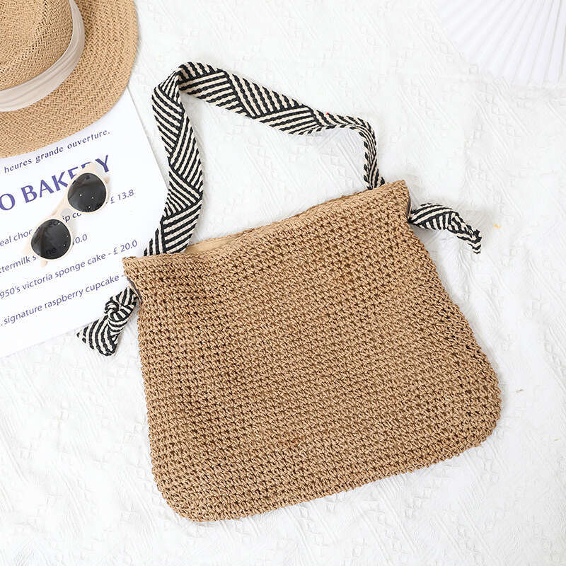 Handmade Beach Bag Korean Ins Navy Style Grass 2024 New Handmade Single Shoulder Woven Women's Versatile Vacation Beach Bag Kq2