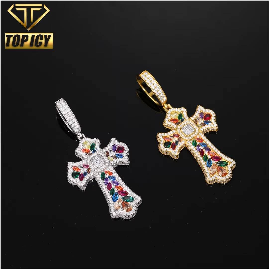 High Quality 925 Sterling Silver Gold/Silver Plated Hip Hop Colorful Zircon Wheat Cross Moissanite Pendant Vintage Versatile