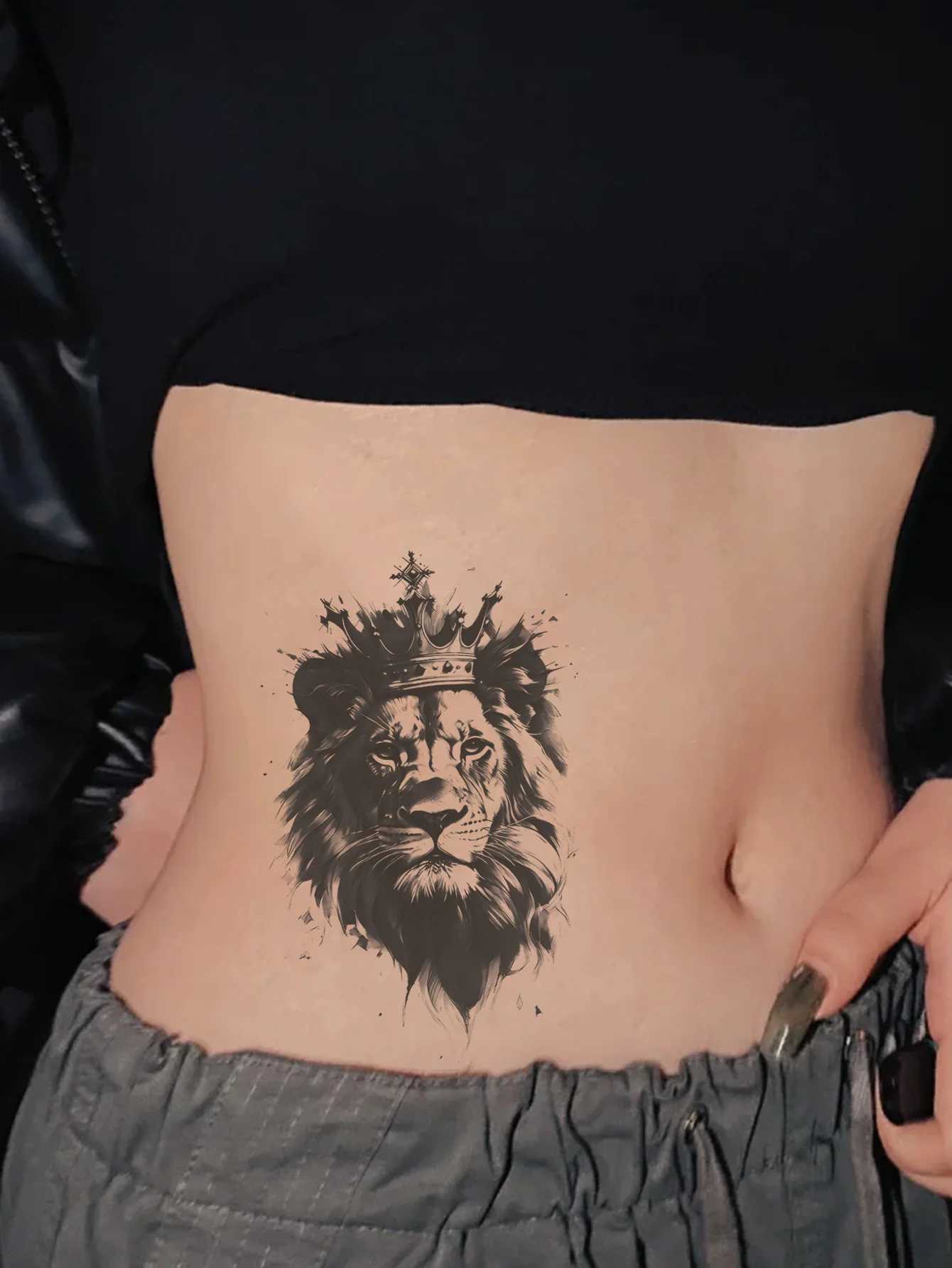 Crown and lion waterproof temporary tattoo stickers lasting 1-2 weeks real semi permanent fake tattoosXJ25414