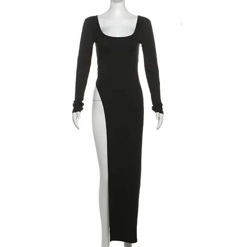 Solid Unique Women Tops Classic Concise Autumn Full Sleeve U-neck Skinny Splited Super-Long Tees Popular New Wild T-shirts