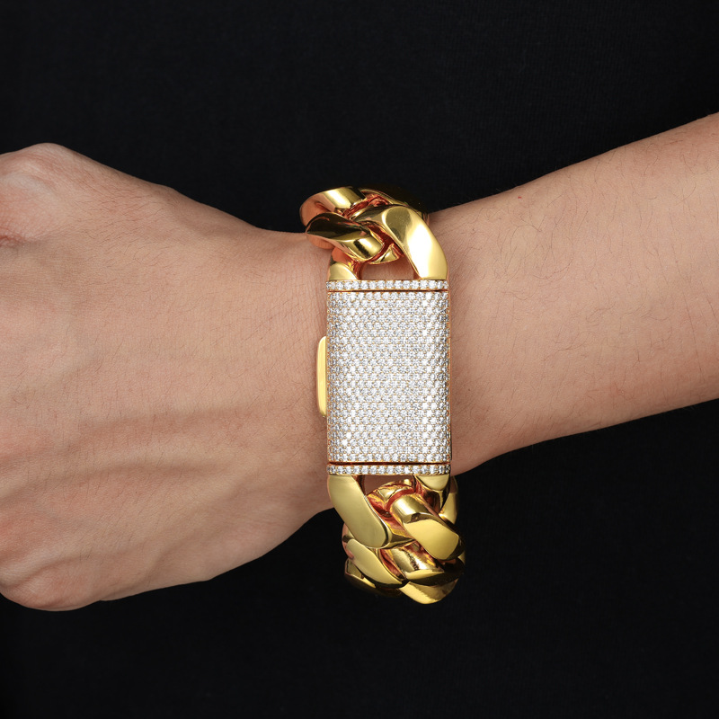 Hip Hop 25mm Shiny Miami Cuban Chain Necklace Bracelet Copper Real Gold Plated Jewelry