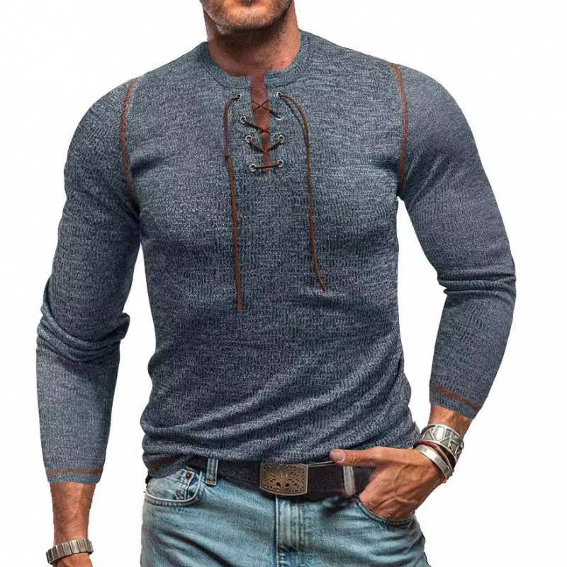 2025 mens long sleeved lace up Henley shirt mens T-shirt outdoor sports trend top men