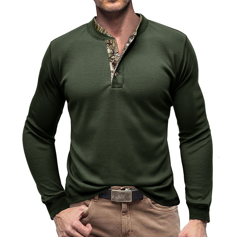 Mens long sleeved outdoor bottoming shirt Mens Henry T-shirt Waffle round neck top