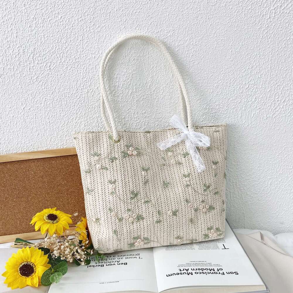 Handmade Beach Bag Grass For Women's New Versatile Small Fresh Bow Tie Lace Portable Shoulder Popular Woven Tote Bag Kq2