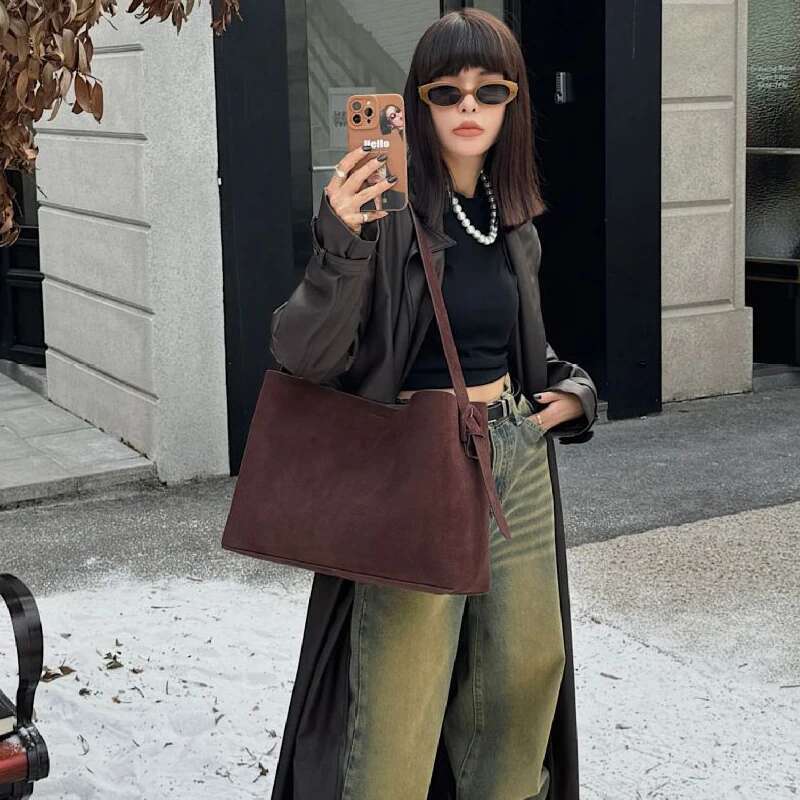 Suede Frosted Genuine Leather Tote Bags For Women Designer Handbags Purses 2024 New In Large Capacity Shoulder Crossbody