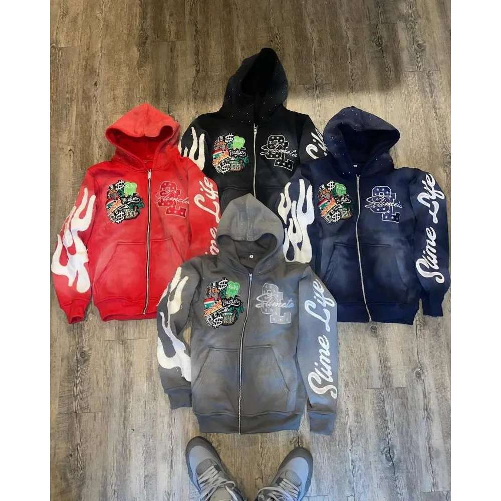 Haruku Trend Brand Casual Loose Oversized Zipper Hoodie Men Y2k Gothic Retro Letter Flame Embroidered Sweatshirt Jacket Women