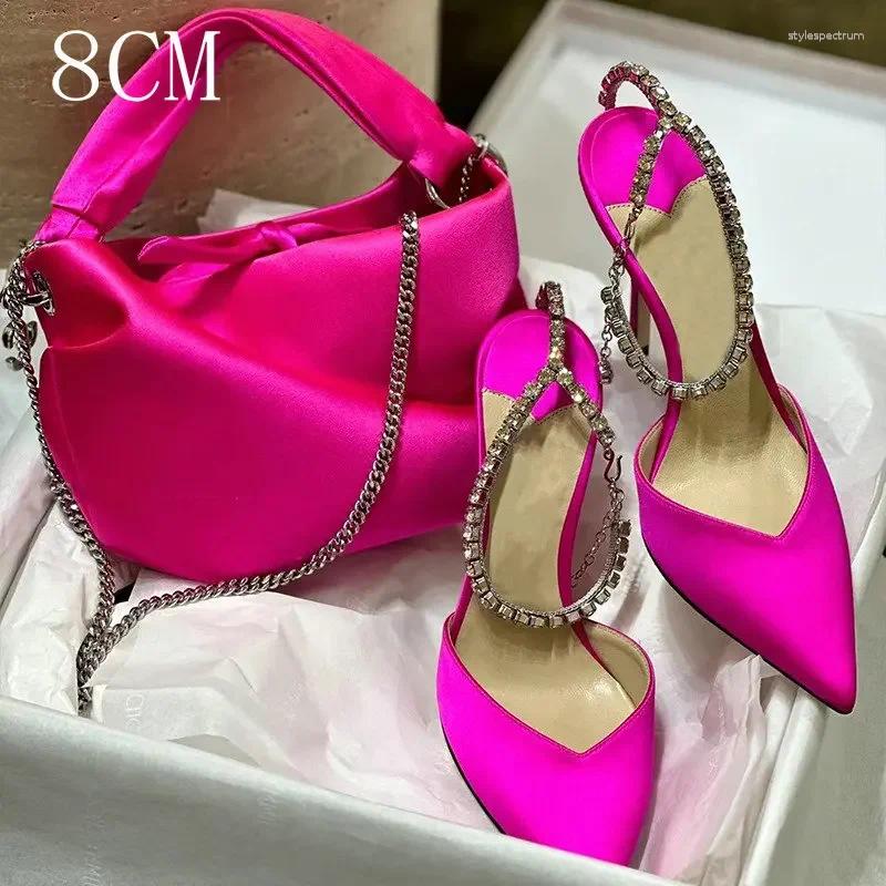 Dress Shoes 2025 Satin Pumps Crystal Pendant One Word Rhinestone Chain High Heels Pointed Thin Heel Sexy Sandals Wedding