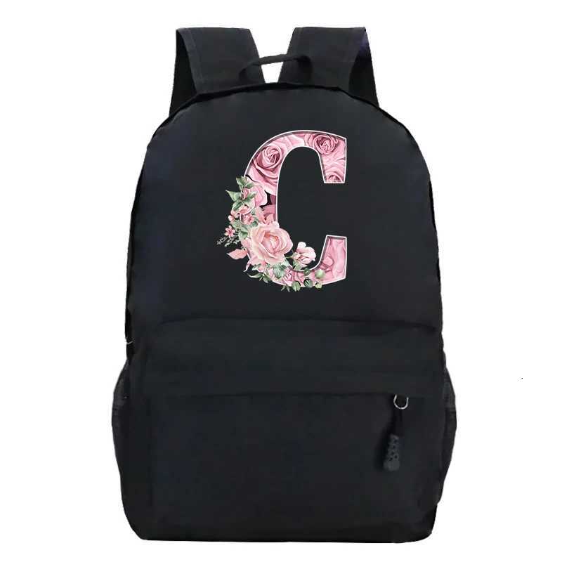 Pink Rose Alphabet Backpack Black Casual Women Aesthetics Rucksack Teenage Girl Boy Flower Letter School Bag Student MochilasW251113