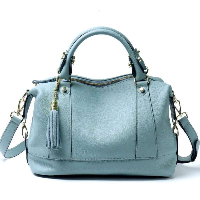 Women Genuine Leather Boston Handbag Fashion Tassel Design Shoulder Crossbody Bag Soft Cowhide Female Top-Handle Bags