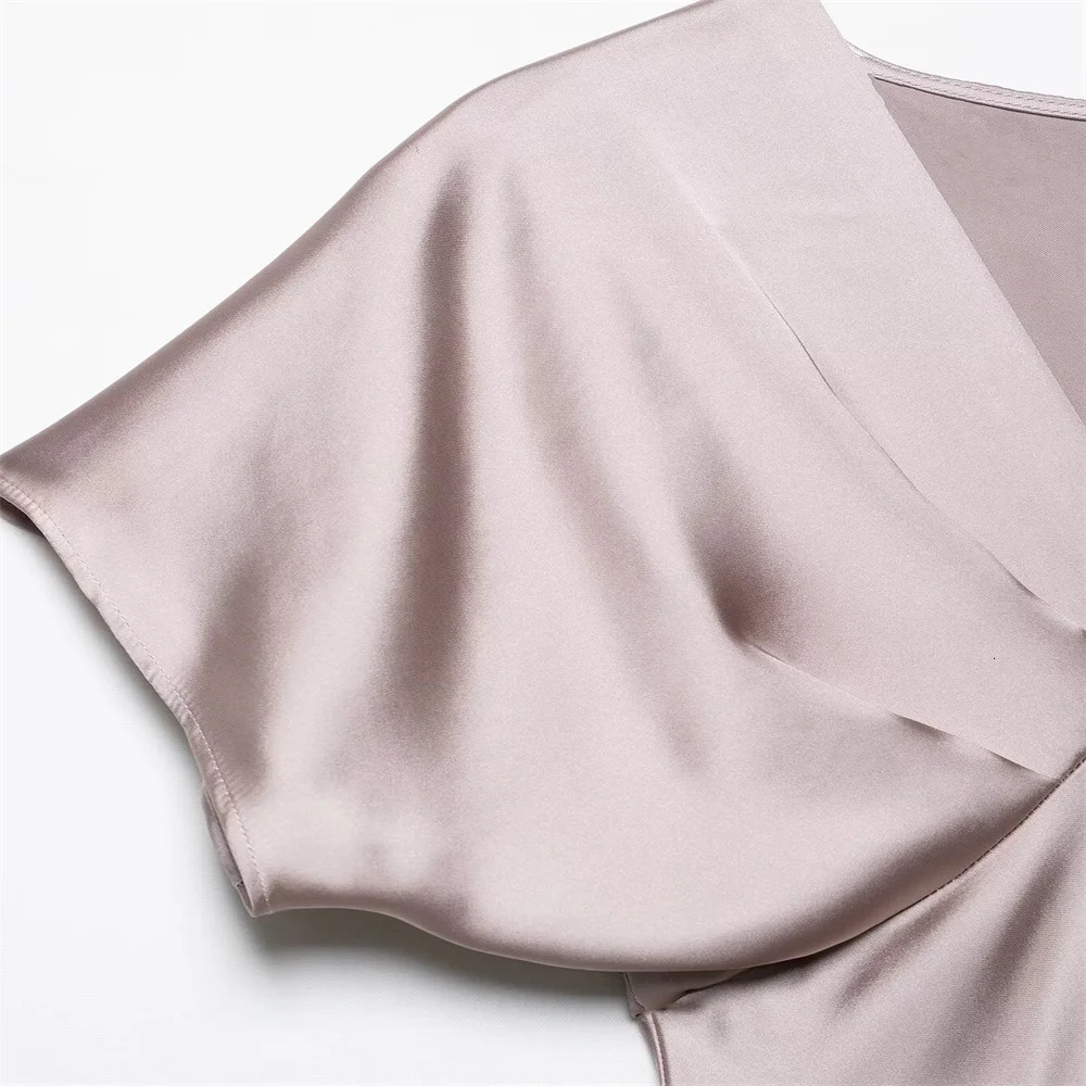 PB ZA 2025 Womens Elegant Satin Dress with Flute Sleeves Deep Vneck Midi Length Suitable for Various Occasions 250414Z