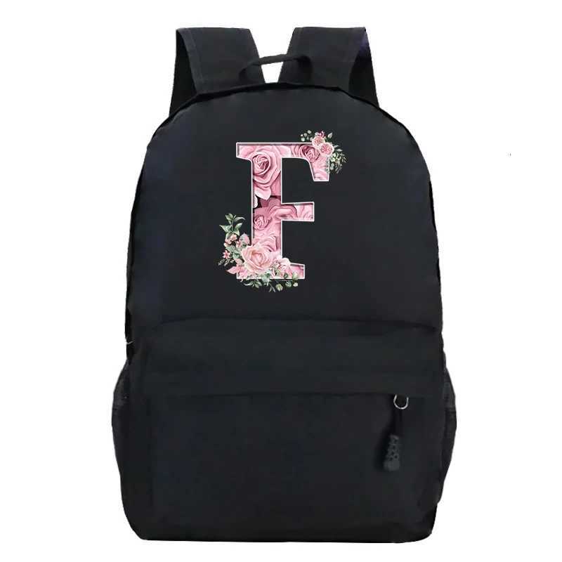 Pink Rose Alphabet Backpack Black Casual Women Aesthetics Rucksack Teenage Girl Boy Flower Letter School Bag Student MochilasW251113