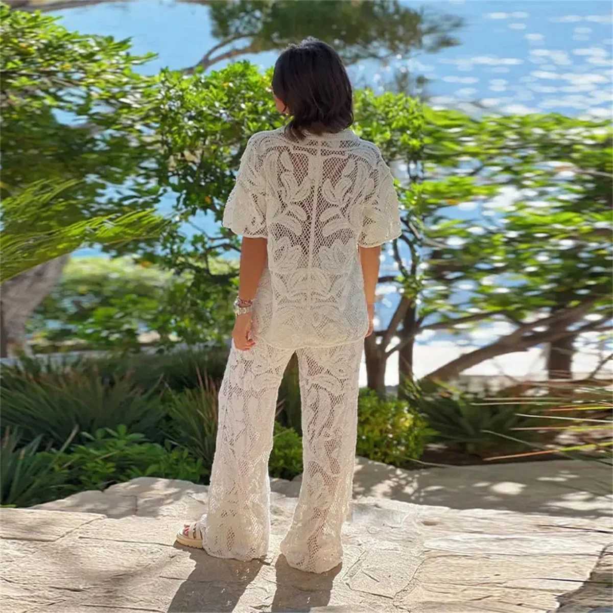 Womens collar hollow set short Sve single chest top straight leg Trouser casual set Ele Fe vacation 2PCSXJ250414