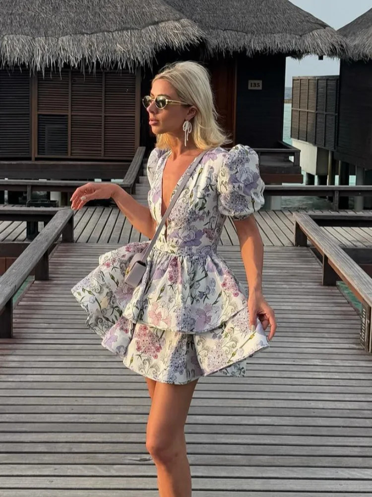 Womens elegant pleated party dress fashionable blue print fluffy laminated mini sexy deep Vneck short sleeved Aline vest 250414