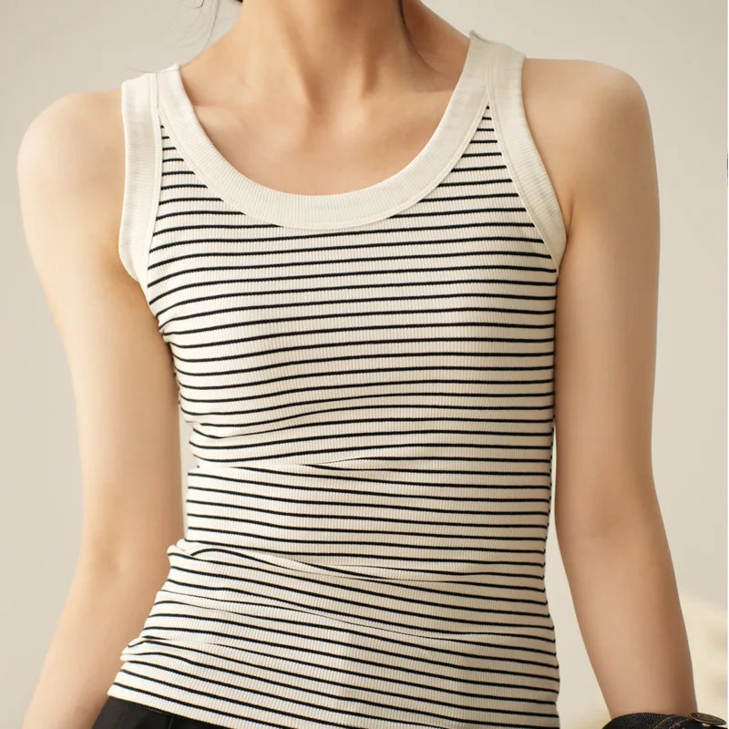 Wxw0433 summer black and white striped vest womens round neck sexy short crop top elastic cotton tight 250414