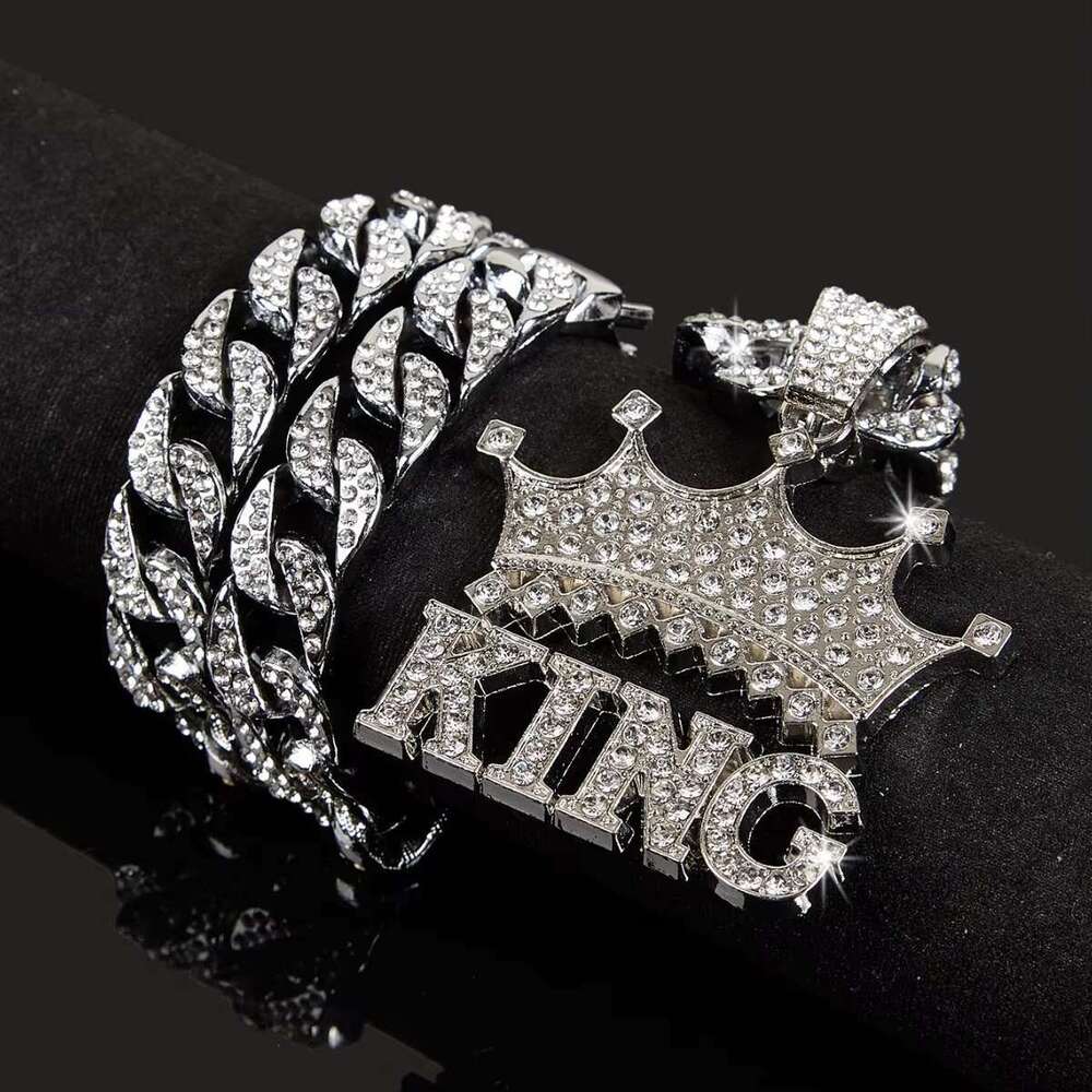 DHcollections Unisex 15mm Miami Chain with CZ Rhie Crown King Pendant Necklace for Parties and Holidays