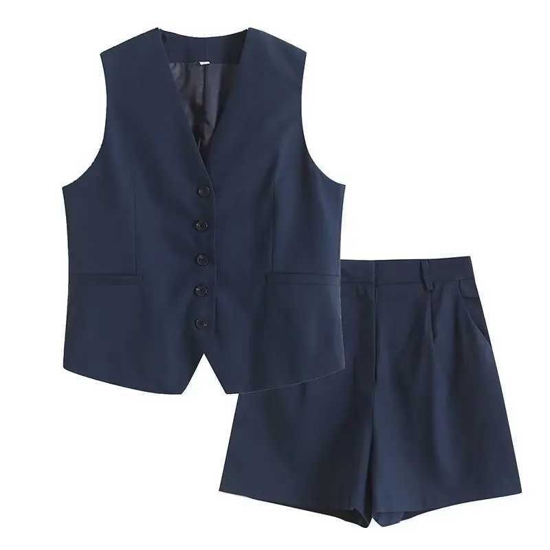 Retro linen office womens suit V-neck vest jacket Comter wide leg shorts fashion 2024 summer retro 2-piece workwearXJ250414