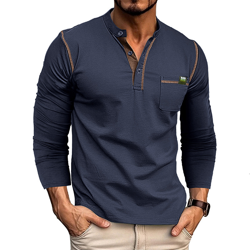 2025 mens Henry shirt long sleeved T-shirt mens color blocked knitted T-shirt men