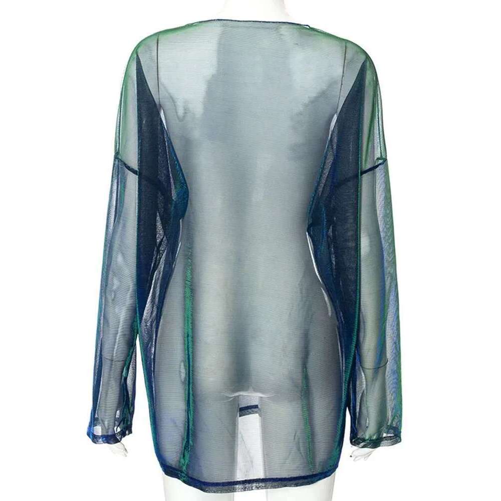 Solid See Through Tshirt Sexy Tops O-Neck Long Sleeve T Shirt For Women Clothing Club Y2k Aesthetic Egirl Tees