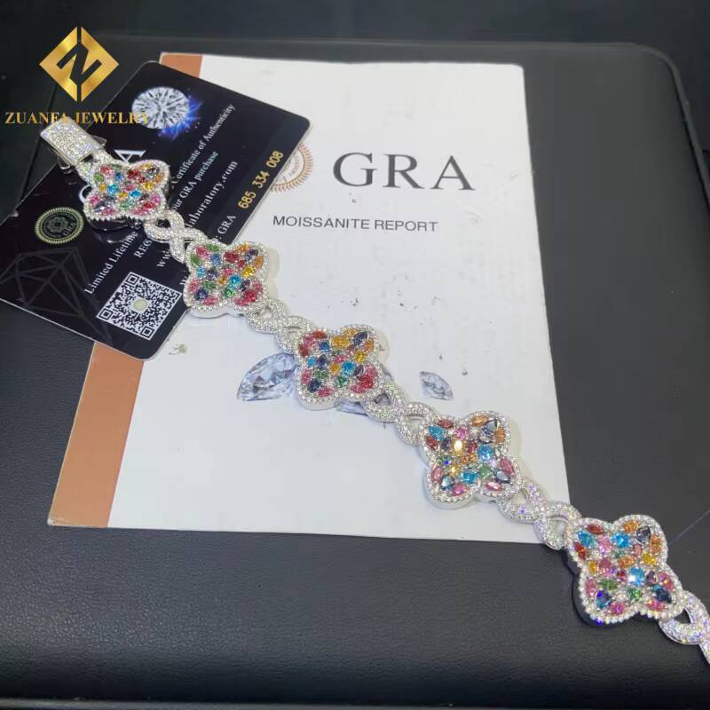 New Designs Pass Diamond Tester Moissanite Colored Four-Leaf Clover Bracelets 925 Sterling Silver Moissanite Mens Bracelet